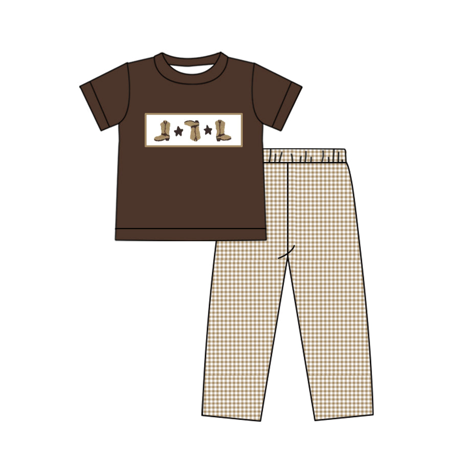 4.27custom moq 5 eta 4-5weeks solid color t-shirt with boots prints and plaid prints long pants