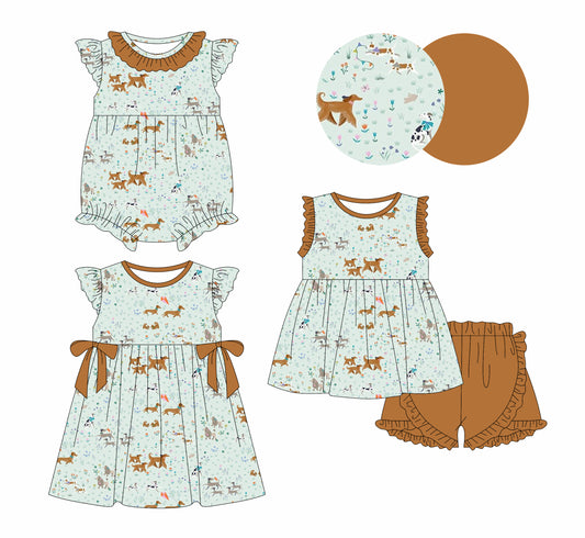 12.30 custom each style moq 5eta 4-6week Sibling Sistes baby girl short sleeve shorts sets and dress and rompers match family design