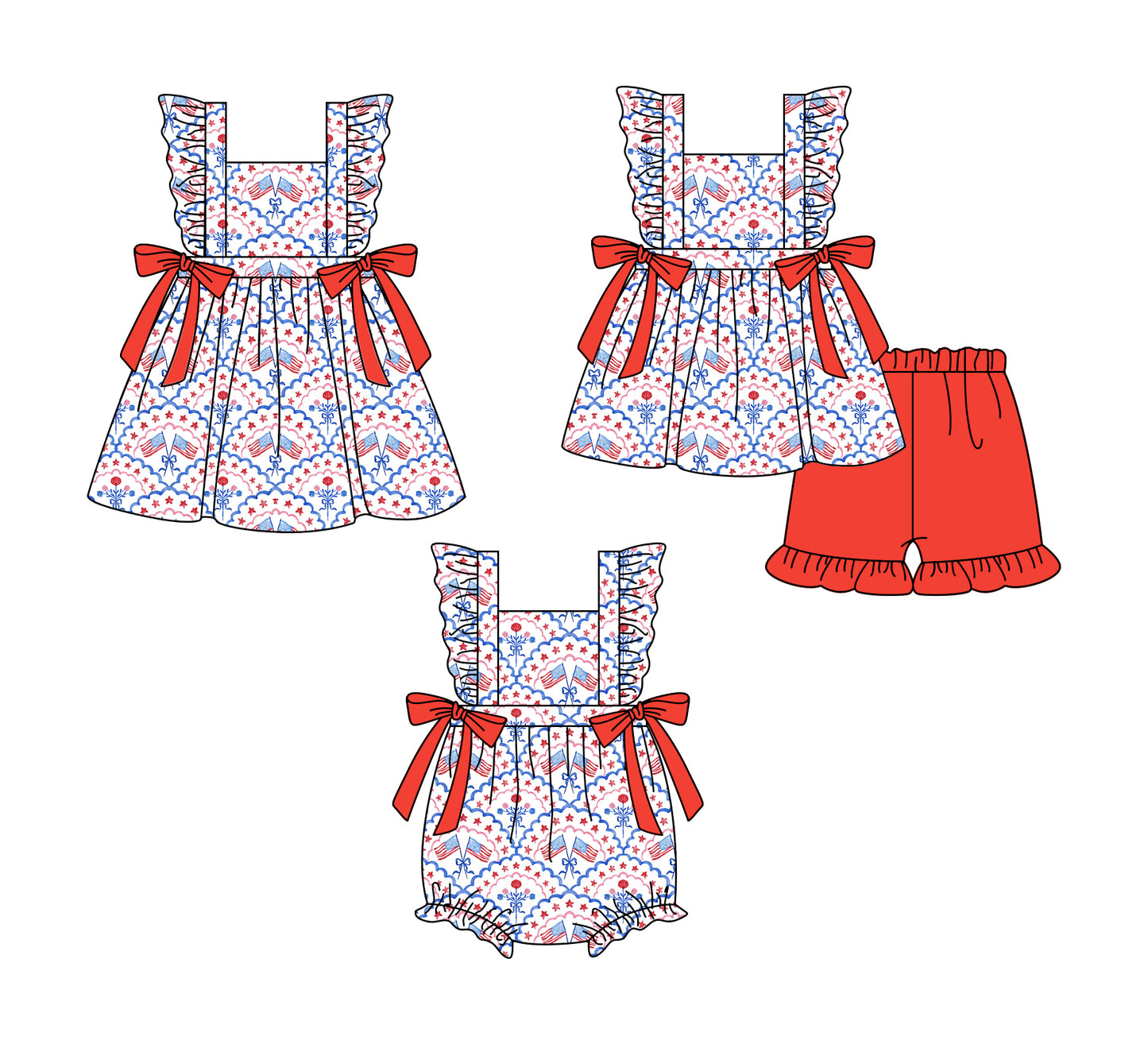 1.6 custom each style moq 5eta 4-6week Sibling Sister 4th of july baby girl short sleeve shorts sets and dress and rompers match family design