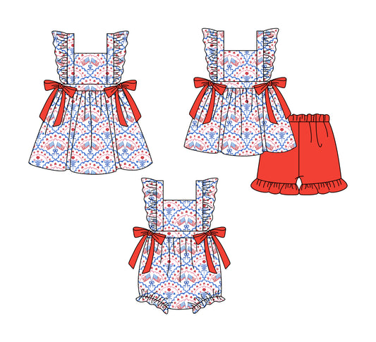 1.6 custom each style moq 5eta 4-6week Sibling Sister 4th of july baby girl short sleeve shorts sets and dress and rompers match family design