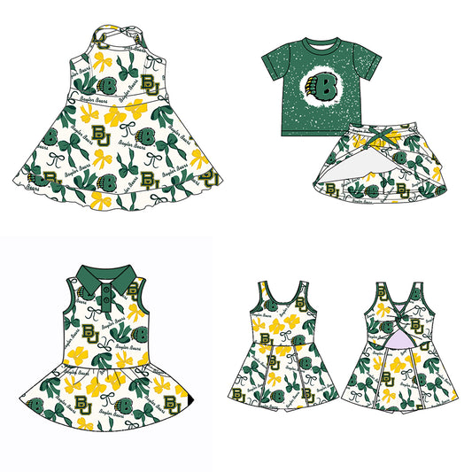 Custom moq 5 mix sizes summer teams baby girls clothes team green short sleeve skirts shorts sets dress 1 and dress 2 and dress 3 and dress 4-25.5.22