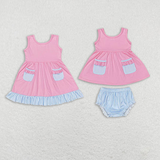 Baby girls Solid color with blue pocket dress and girls briefs set Sibling Sister Clothes Sets