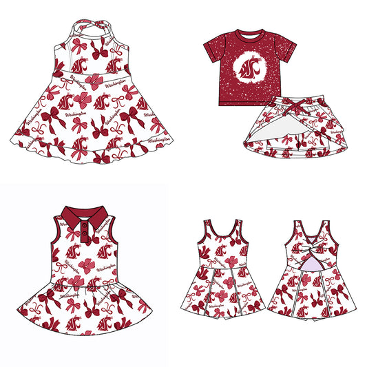 Custom moq 5 mix sizes summer teams baby girls clothes team brick red short sleeve skirts shorts sets dress 1 and dress 2 and dress 3 and dress 4-25.5.26