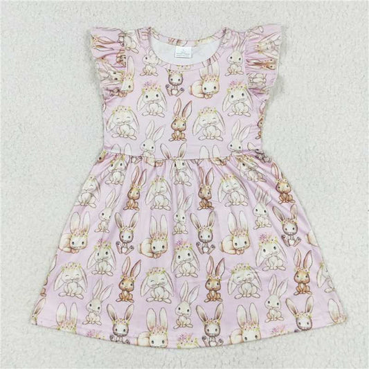 RTS SALES NO MOQ G1-10**、 Baby girls pink bunny flying sleeves dress 戴花环兔子嫩粉色飞袖裙