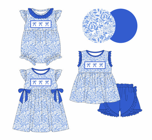 1.23 custom each style moq 5eta 4-6week Sibling Sisters bow baby girl short sleeve shorts sets and dress and rompers match family design