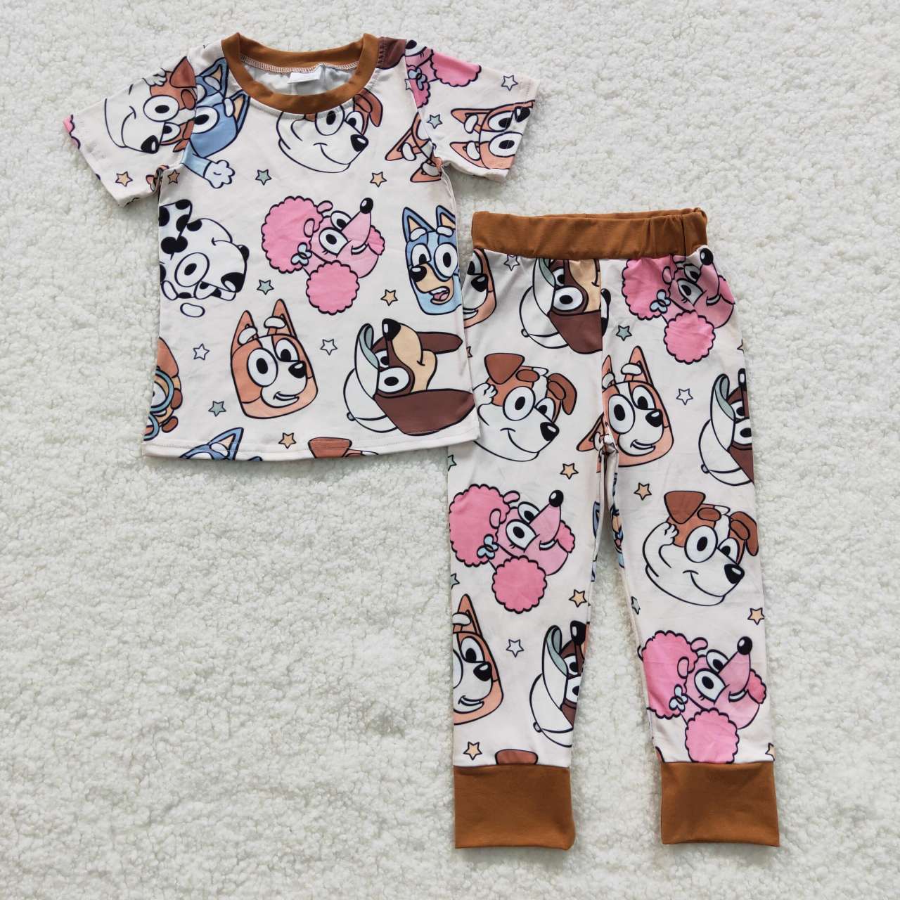 BSPO0120 Cartoon dog beige short-sleeved trouser suit