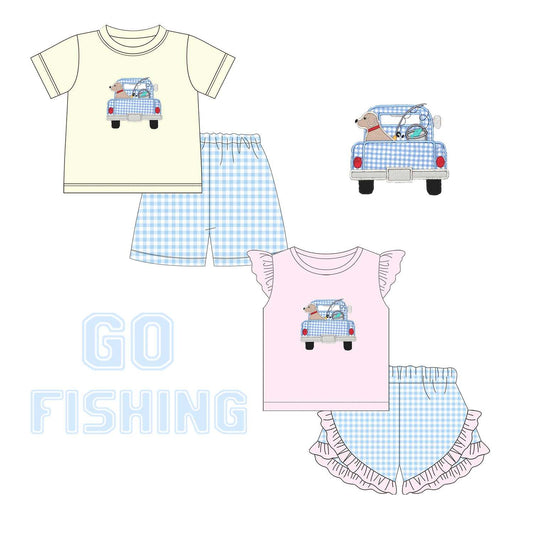 5.10custom each style moq 5eta 4-5week Sibling Sister dog car prints yellow and pink girls and boys outfits match family design