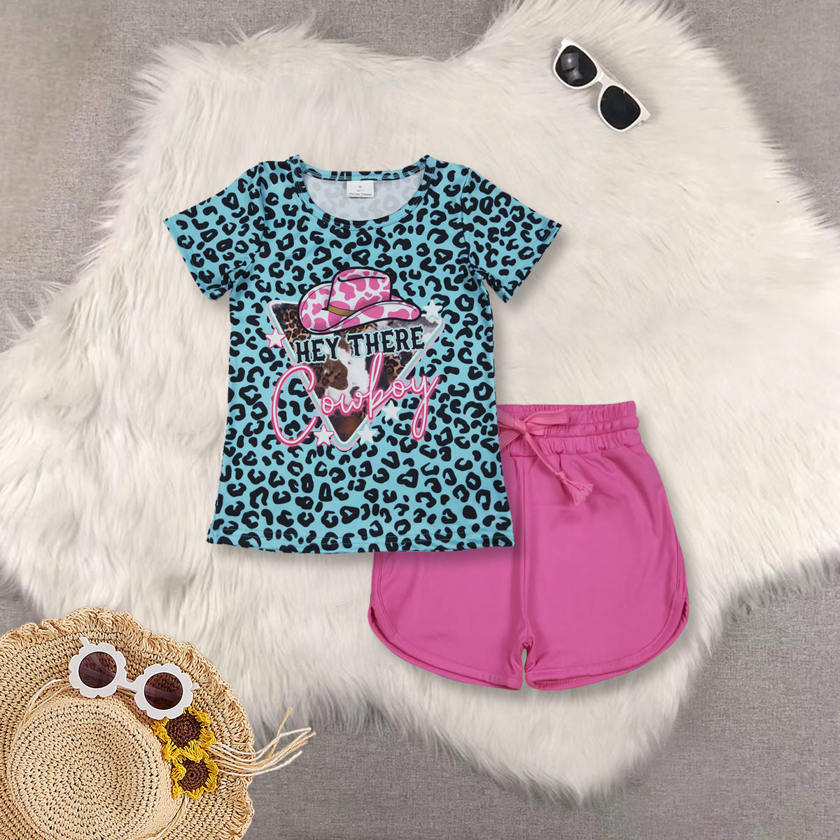 RTS NO MOQ Sibling baby girls clothes cow head short sleeve top yoga shorts sets