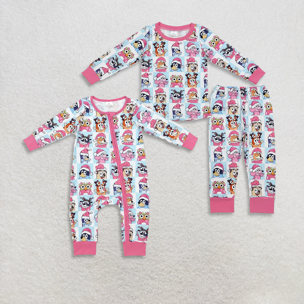 RTS NO MOQ Sibling Baby kids pink Santa hat puppy blue and white plaid long-sleeved pants suit & romper