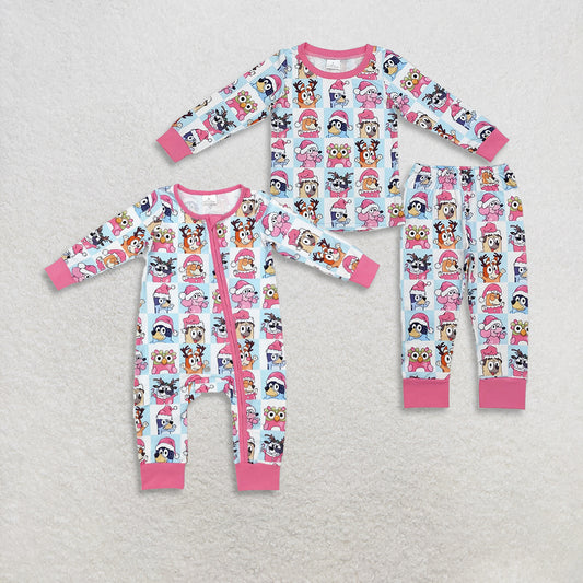 RTS NO MOQ Sibling Baby kids pink Santa hat puppy blue and white plaid long-sleeved pants suit & romper