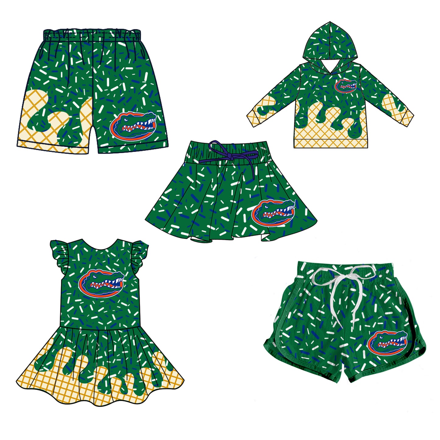 Custom summer teams baby girls clothes team green hooded long sleeve tops and dress and skirts and shorts 1 and shorts 2-25.5.8