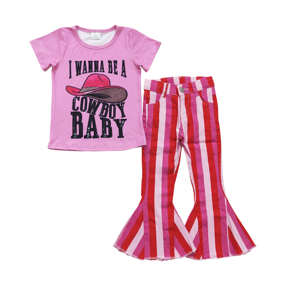 GT0107 Girls COWBOY BABY hat rose red short-sleeved top+P0043 Light pink, dark pink and bright red striped denim trousers