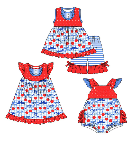 1.23 custom each style moq 5eta 4-6week Sibling Sisters bow baby girl short sleeve shorts sets and dress and rompers match family design