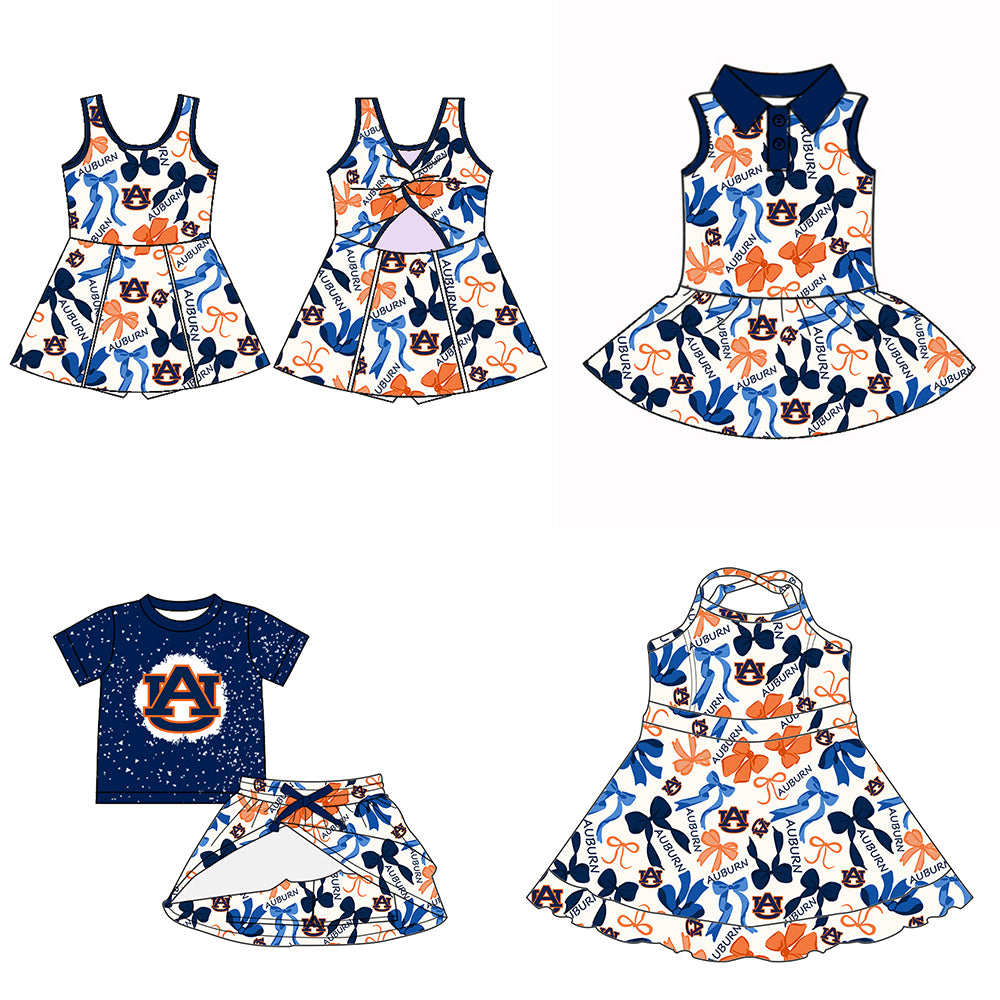 Custom moq 5 mix sizes summer teams baby girls clothes team blue short sleeve skirts shorts sets dress 1 and dress 2 and dress 3 and dress 4-25.5.13