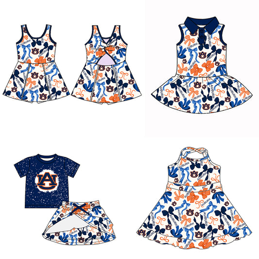 Custom moq 5 mix sizes summer teams baby girls clothes team blue short sleeve skirts shorts sets dress 1 and dress 2 and dress 3 and dress 4-25.5.13