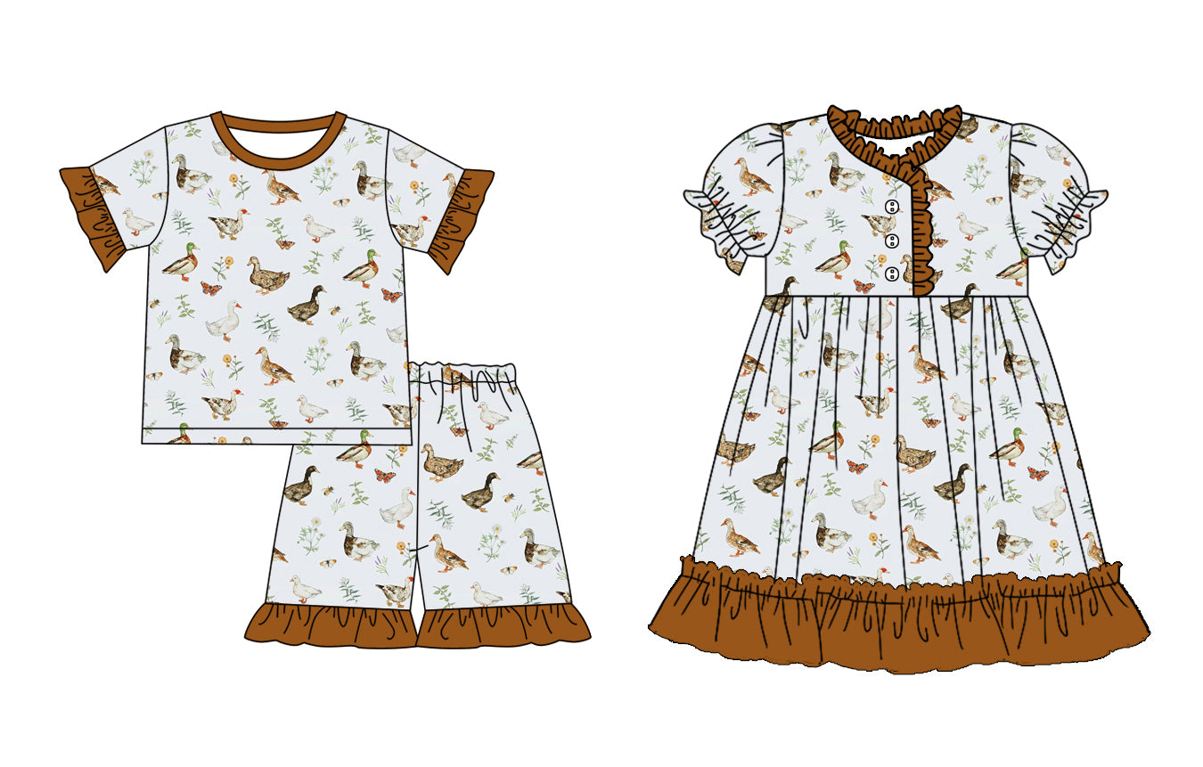 1.18 custom each style moq 5eta 4-6week Sibling Sister duck baby girl short sleeve shorts sets and dresses match design