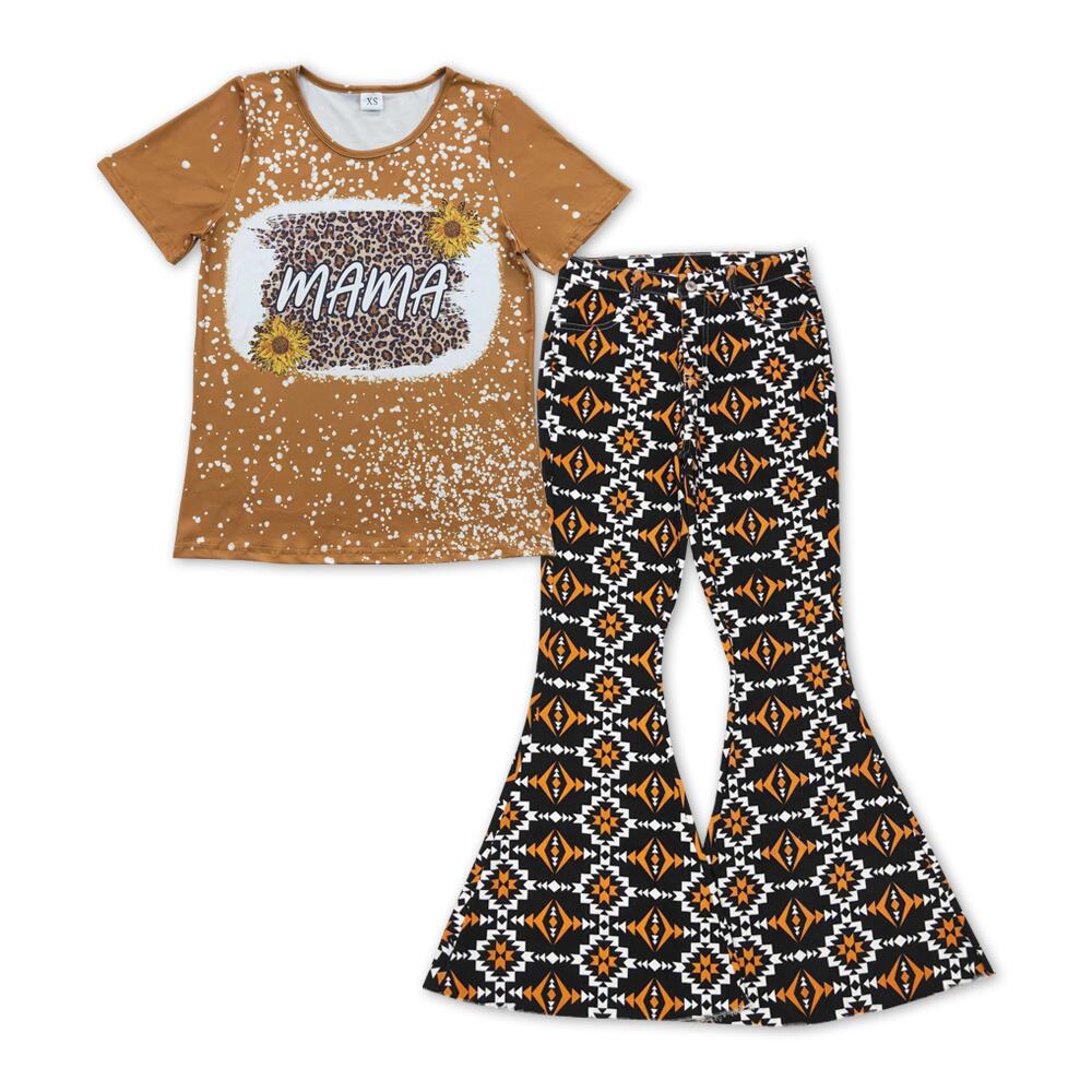 P0298 Adult geometric pattern black denim trousers+GT0099 Adult leopard print MAMA sunflower brown short-sleeved top