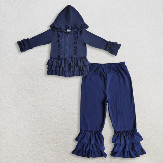 RTS NO MOQ Sibling baby girl clothes lace navy blue hooded long-sleeved sets and top and pants