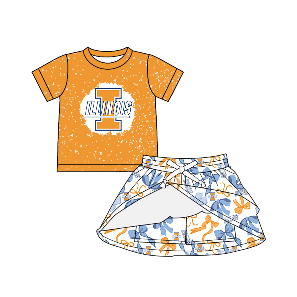 Custom moq 5 mix sizes summer teams baby girls clothes team orange short sleeve skirts shorts sets dress 1 and dress 2-25.5.10