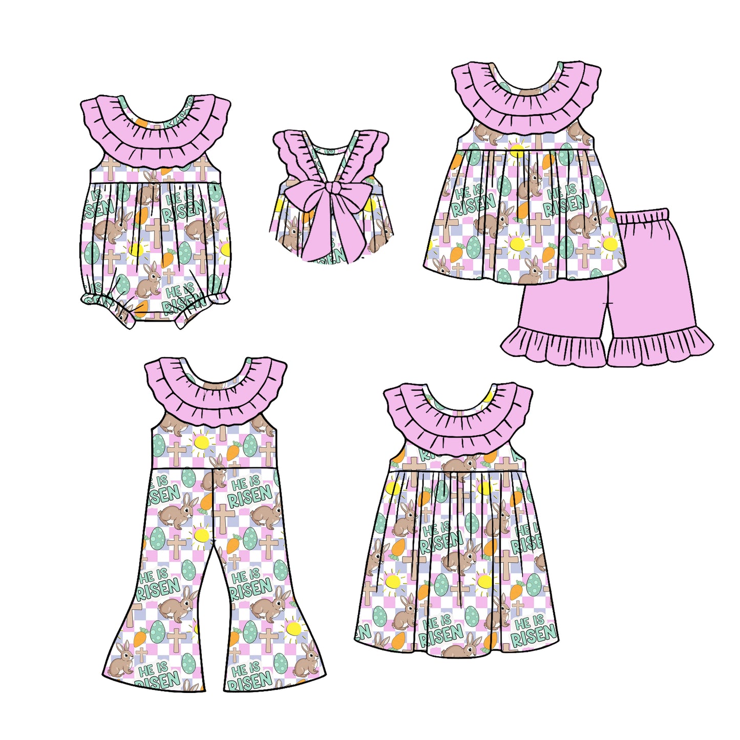 26.1.1 custom each style moq 5 eta 6-8week Sibling Sister easter baby short sleeve shorts sets and dress and and romper and jumpsuit match design