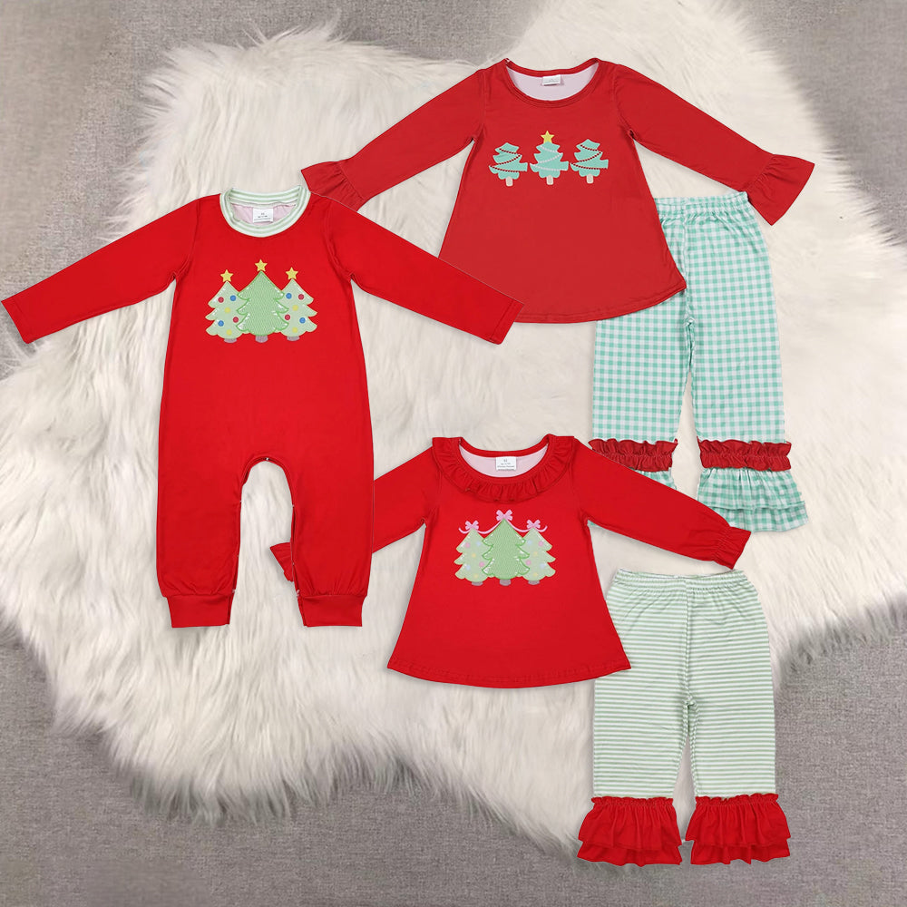 RTS NO MOQ Sibling Baby Girls Christmas trees red long-sleeved trousers suit & rompes