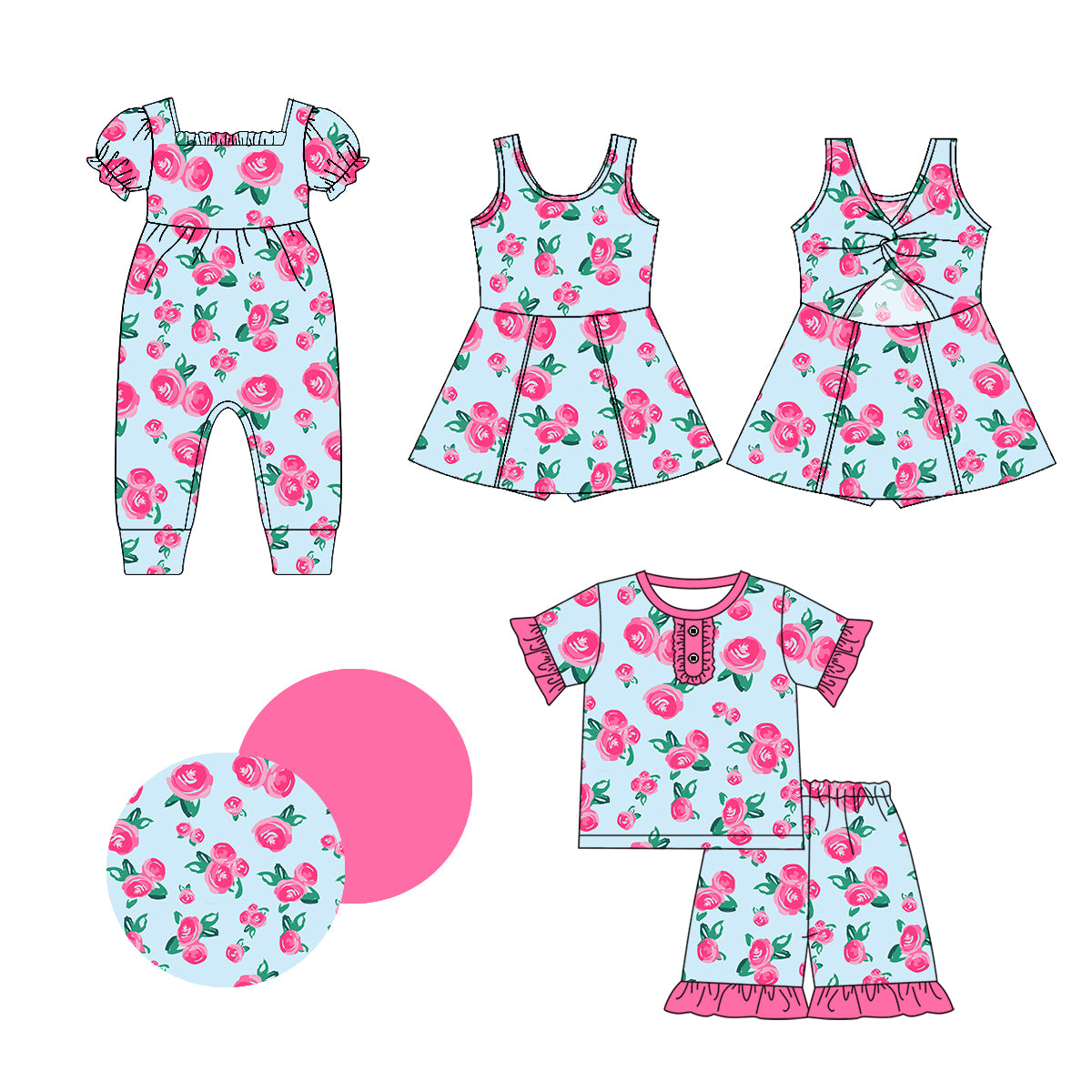 1.2 custom each style moq 5eta 4-6week Sibling Sistes floral baby girl short sleeve shorts sets and dress and rompers match family design