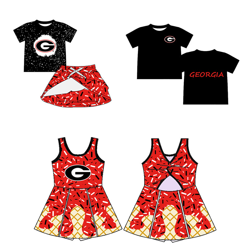 Custom moq 5 mix sizes summer teams baby girls clothes team black and red short sleeve skirts shorts sets dress top-25.5.9