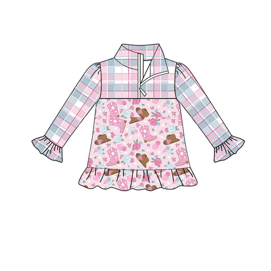 5.12custom each style moq 5eta 4-5week Sibling Sister cowboy hat boots prints pink-gray plaid girls outfits match family design