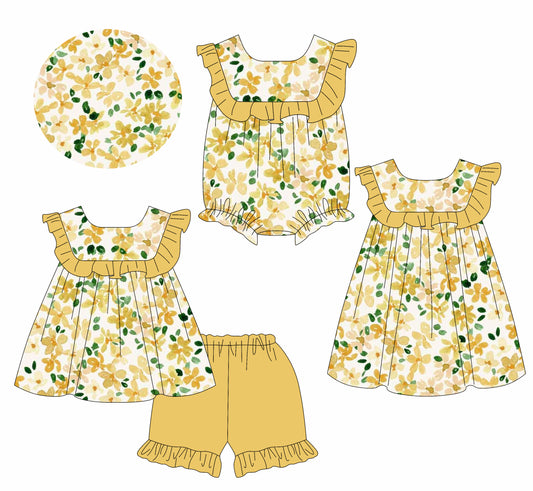 1.11 custom each style moq 5eta 4-6week Sibling Sister floral baby girl short sleeve shorts sets and dress and rompers match family design