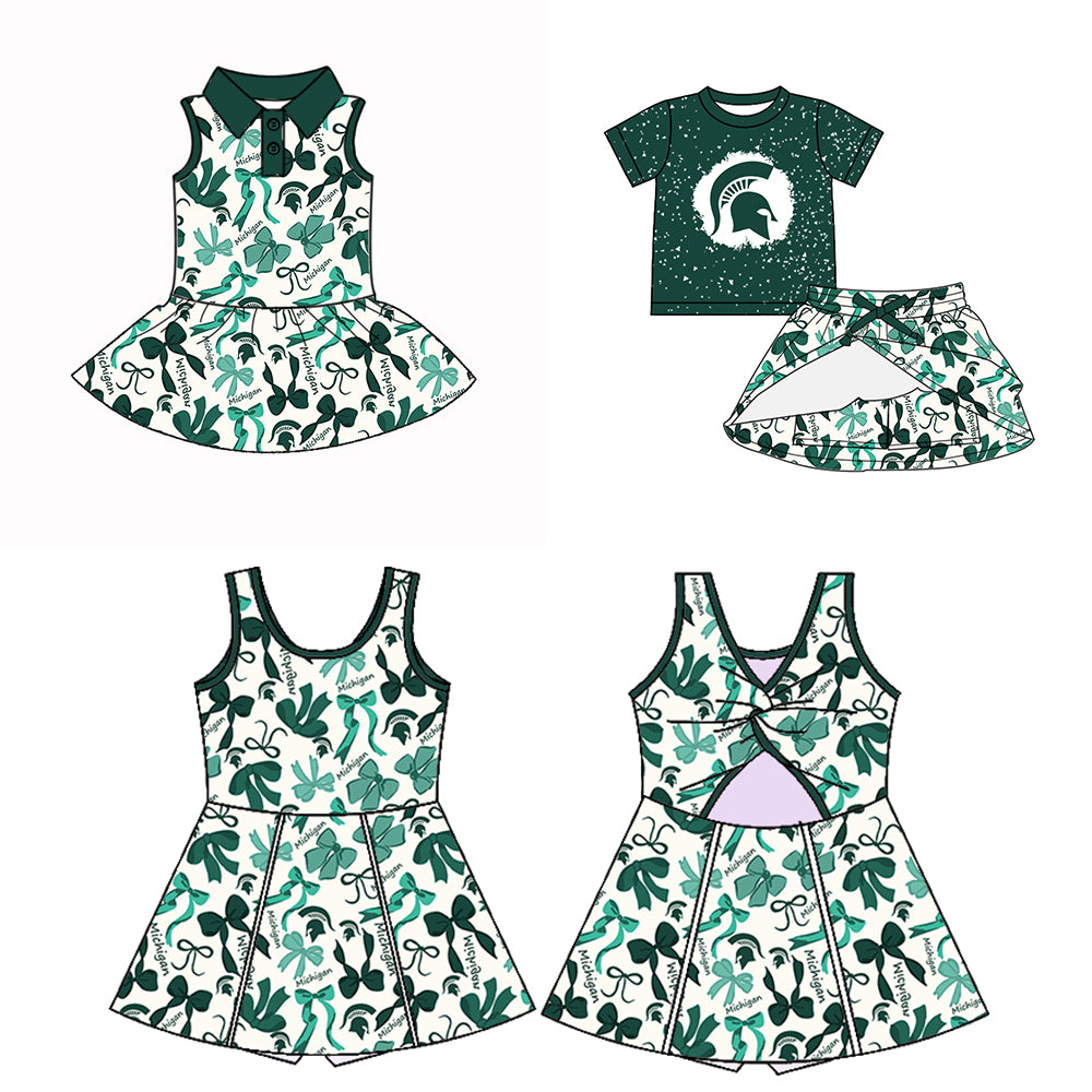 Custom moq 5 mix sizes summer teams baby girls clothes team green short sleeve skirts shorts sets dress 1 and dress 2-25.5.10