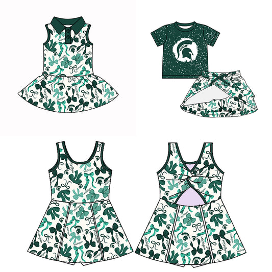 Custom moq 5 mix sizes summer teams baby girls clothes team green short sleeve skirts shorts sets dress 1 and dress 2-25.5.10