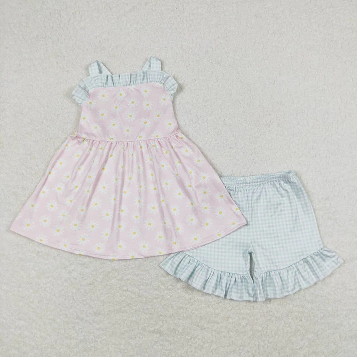 RTS Baby Girls Pink Daisy Straps Dress Rompers Sibling Sister Clothes Sets