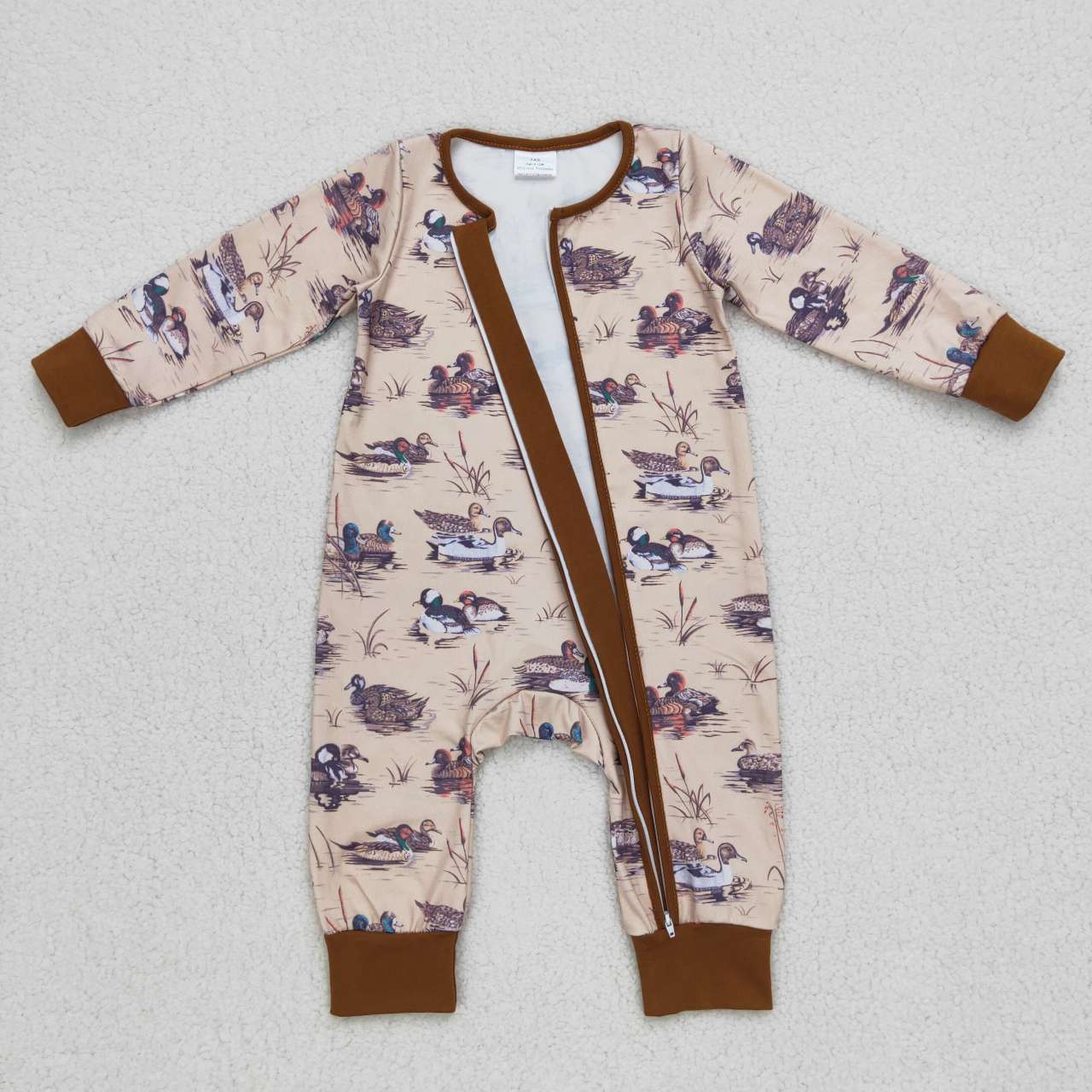 LR0667 Yuanyang Mallard Brown Zip Long Sleeve Jumpsuit