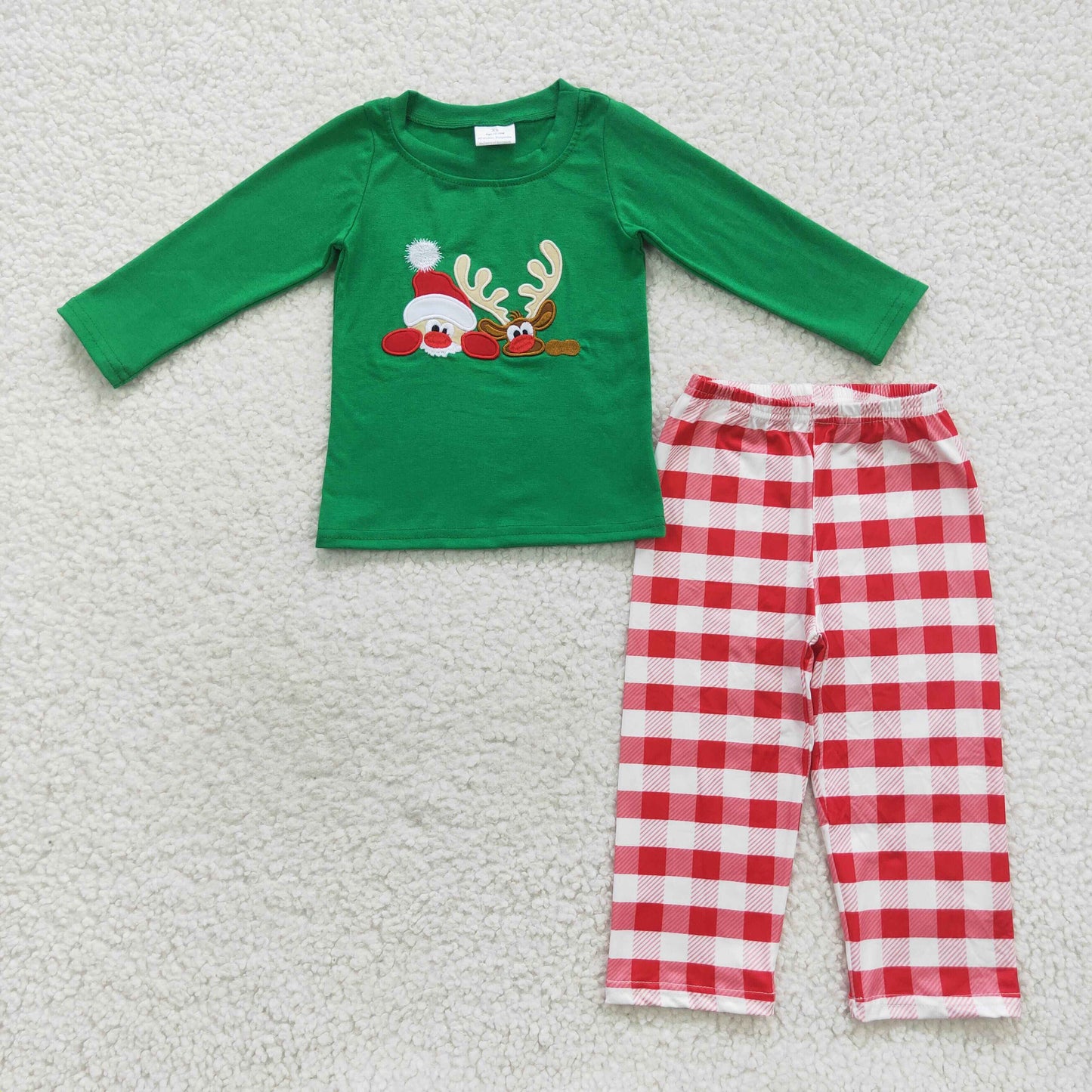 BLP0203 Embroidered Santa Reindeer Plaid Green Long Sleeve Pantsuit