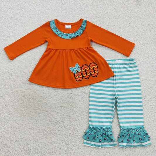 GLP0721 Embroidered boo lettering lace orange long-sleeved blue and white striped trousers suit