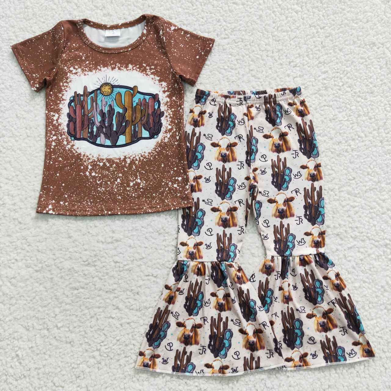 GSPO0647 Girls Cactus Bull Head Brown Short Sleeve Trousers Set