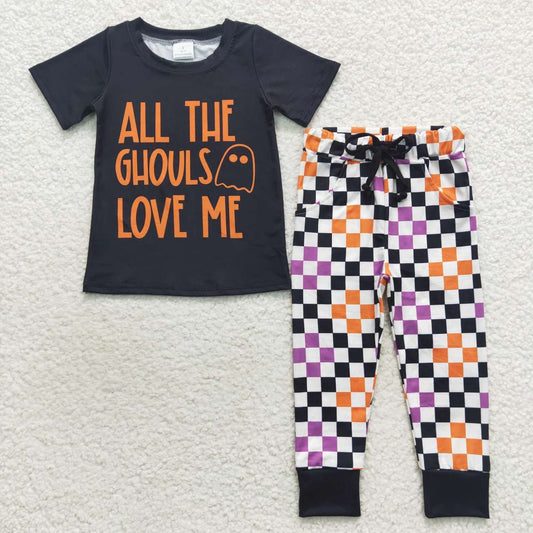 BSPO0160 all the ghouls love me letter ghost black short-sleeved plaid trouser suit