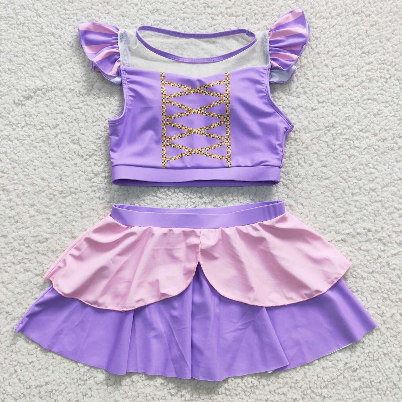 S0145 Disney Princess Purple Short Sleeve Skirt Swimsuit Set