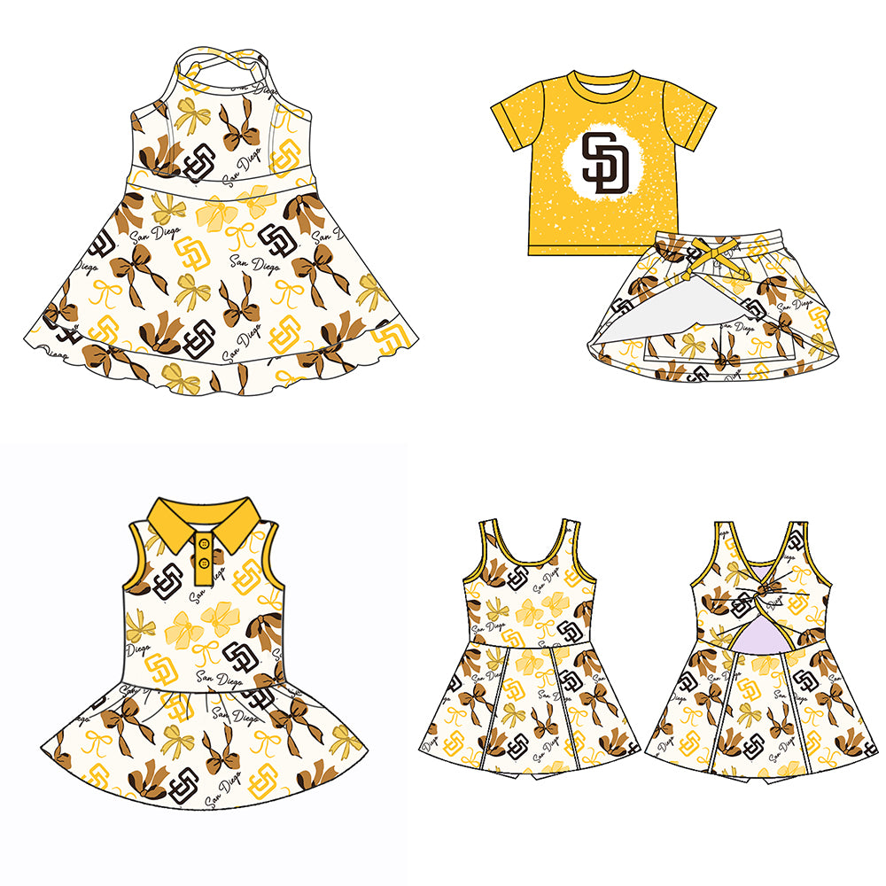 Custom moq 5 mix sizes summer teams baby girls clothes team yellow short sleeve skirts shorts sets dress 1 and dress 2 and dress 3 and dress 4-25.5.19