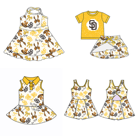 Custom moq 5 mix sizes summer teams baby girls clothes team yellow short sleeve skirts shorts sets dress 1 and dress 2 and dress 3 and dress 4-25.5.19