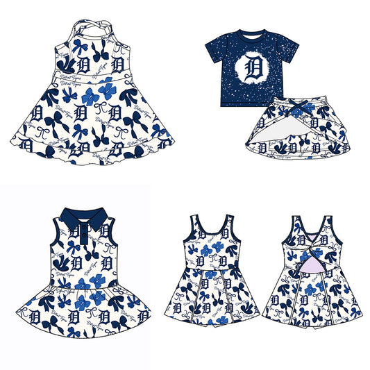Custom moq 5 mix sizes summer teams baby girls clothes team blue short sleeve skirts shorts sets dress 1 and dress 2 and dress 3 and dress 4-25.5.21