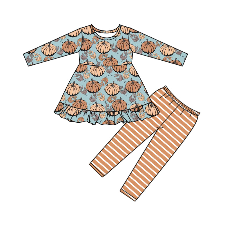 5.15custom each style moq 5eta 4-5week Sibling Sister pumpkin prints set orange and red stripe pink and blue girls set