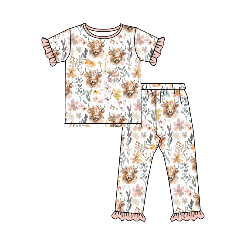 5.8custom each style moq 5eta 4-5week Sibling Sister bull head and flower prints girls set and dress and Jumpsuits and baby romper match family design