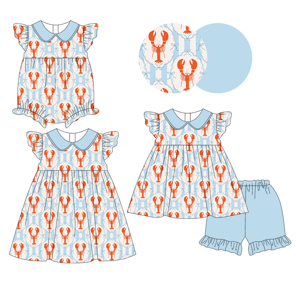 25.12.4 custom each style moq 5 eta 6-8week Sibling Sister lobster bow baby short sleeve shorts sets and romper and dress match design