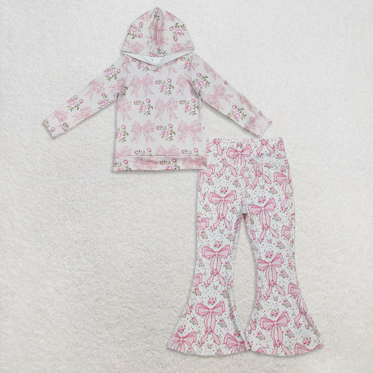 RTS NO MOQ（In Stock) GT1058+P0773 Pink hooded long-sleeved top with floral flower and bow pattern pants set