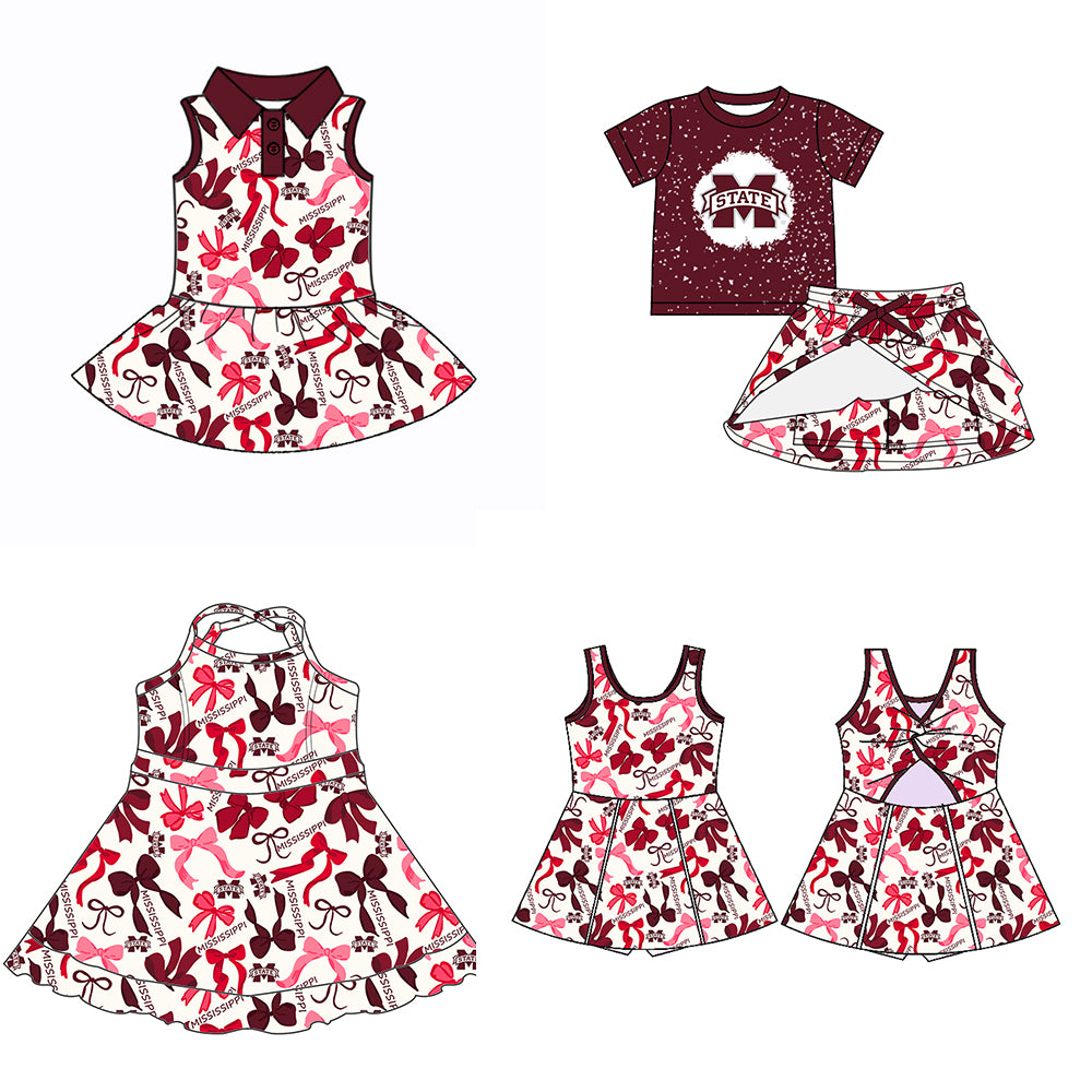 Custom moq 5 mix sizes summer teams baby girls clothes team brick red short sleeve skirts shorts sets dress 1 and dress 2 and dress 3 and dress 4-25.5.14