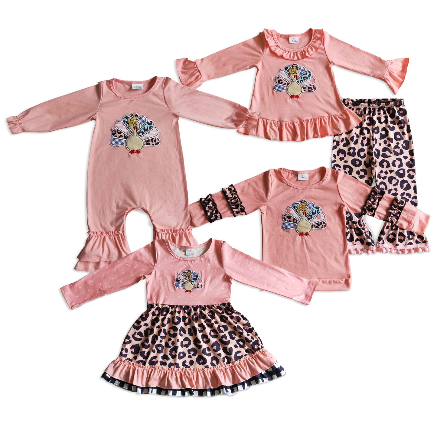 RTS Sibling baby girls clothes Embroidery thanksgiving turkey long Sleeve pants sets and rompers and dress and top