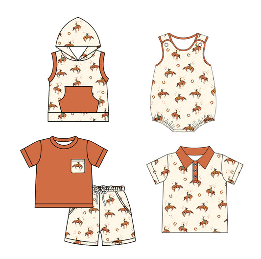 2.8 custom each style moq 5eta 4-6week Sibling Sister riding horse baby girl sets and boy rompers 1 and romper 2 and top match family design