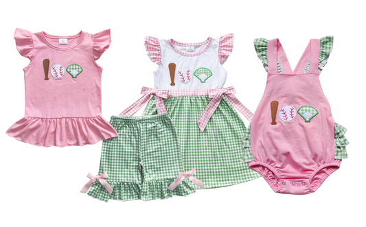 Baby girls Baseball print green plaid Sibling Sister Clothes Sets