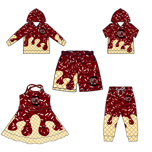 Custom summer teams baby girls clothes team brick red hooded long sleeve tops and short sleeve top and dress and pants and shorts-25.5.28